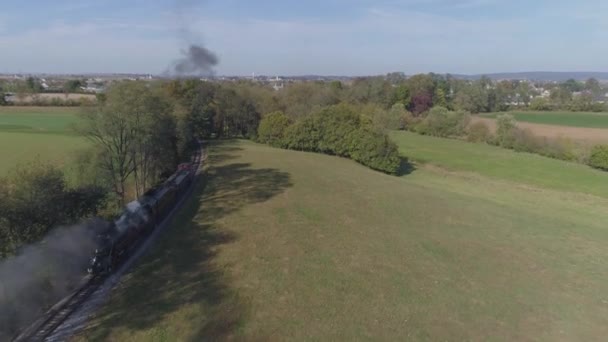 Aerial View Antique Restored Steam Engine Farmlands Blowing Black Smoke — 비디오