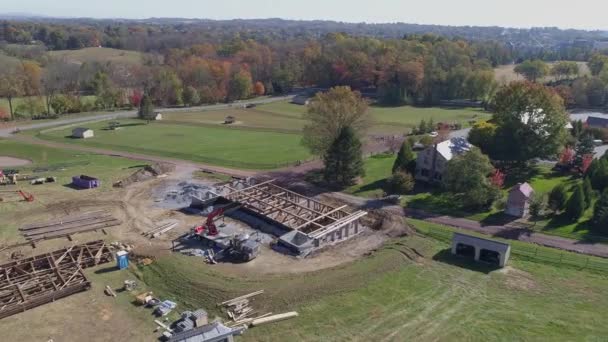 Aerial View Old Timber Frame Barn Being Rebuilt Restored Drone — 비디오