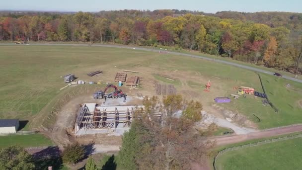 Aerial View Old Timber Frame Barn Being Rebuilt Restored Drone — 비디오