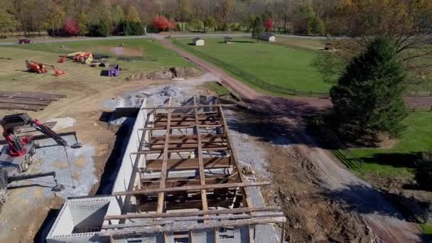 Aerial View Old Timber Frame Barn Being Rebuilt Restored Drone — 비디오