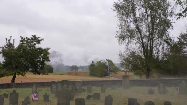 Antique Steam Train Traveling Thru Countryside Blowing Smoke Steam Rainy — 비디오
