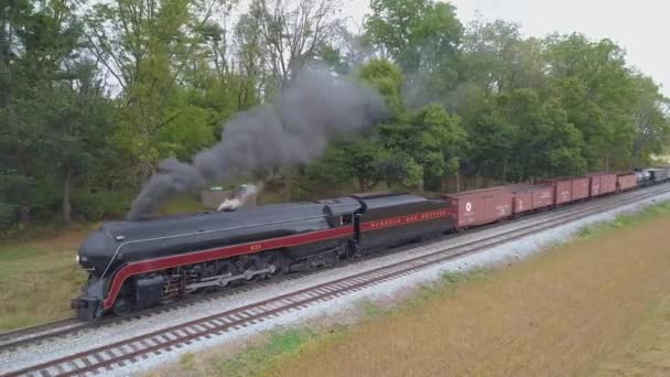 Strasburg Pennsylvania October 2019 Side Aerial View Steam Freight Train — Stock Video