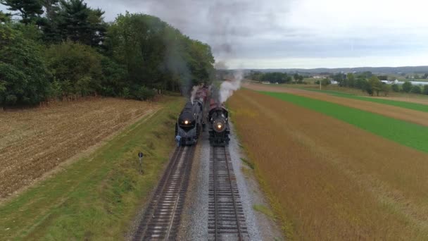 Strasburg Pennsylvania October 2019 Aerial Head View Two Steam Locomotives — 비디오