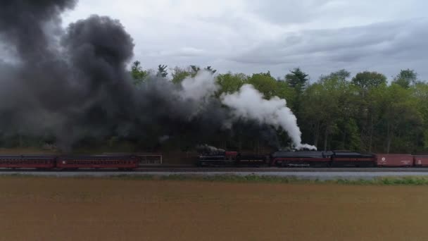 Strasburg Pennsylvania October 2019 Aerial Side View Two Steam Locomotives — Stock Video