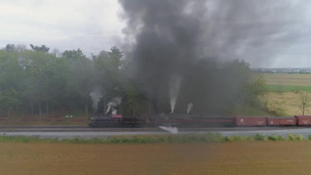 Strasburg Pennsylvania October 2019 Aerial Side View Two Steam Locomotives — Stock Video