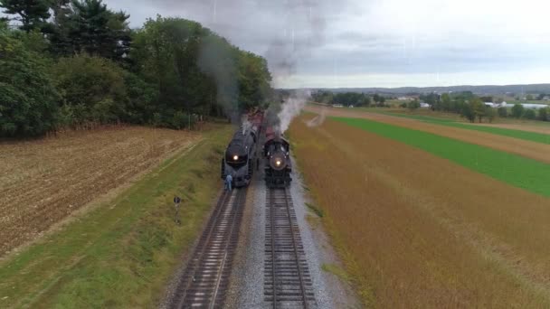 雨の日にサイドビューに移動する2つの蒸気機関車横に並んで蒸気機関車の眺め — ストック動画