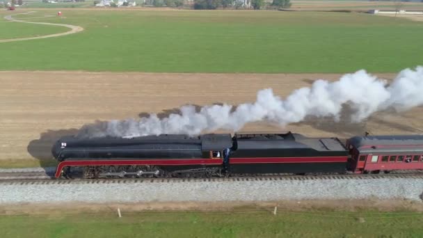 Aerial Side View Restored Steam Engine Blowing Steam Smoke While — Stock Video