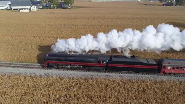 Aerial Side View Restored Steam Engine Blowing Steam Smoke While — Stock Video