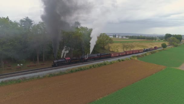Strasburg Pennsylvania October 2019 Aerial Side View Two Steam Locomotives — Stock Video