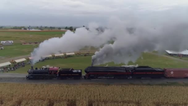 Strasburg Pennsylvania October 2019 Aerial Side View Two Steam Locomotives — Stock Video