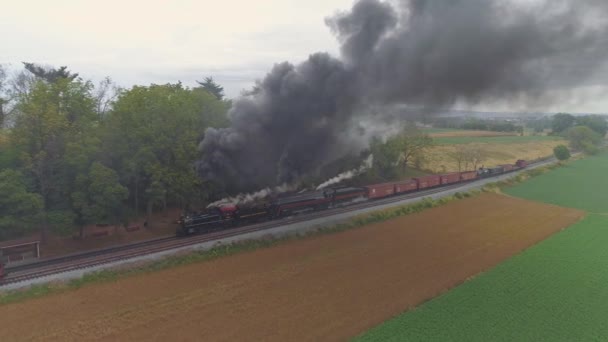 Strasburg Pennsylvania October 2019 Aerial Angled View Two Steam Locomotives — Stock Video