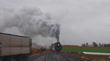 Strasburg, Pennsylvania, Ekim 2019 - Buharlı Lokomotif Yük Çekme Yard 'a Sığır İzleme Yağmurlu bir günde Duman ve Buhar İzleme