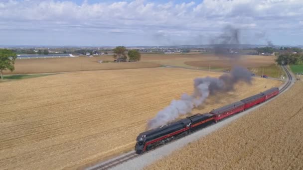 Strasburg Pennsylvania October 2019 Aerial Restored Steam Locomotive Traveling Blowing — Stock Video