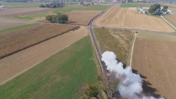 Widok Lotu Ptaka Pociąg Parowy Wiejący Dymem Parą Wodną Poruszający — Wideo stockowe