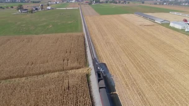 Aerial View Steam Train Blowing Smoke Steam Traveling Countryside Seen — Stock Video