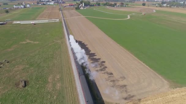 Légi Felvétel Egy Gőzmozdonyról Amely Füstöt Gőzt Fúj Táj Mentén — Stock videók