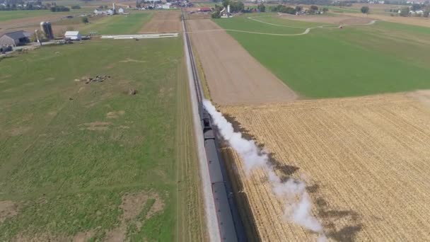 Aerial View Steam Train Blowing Smoke Steam Traveling Countryside Seen — Stock Video