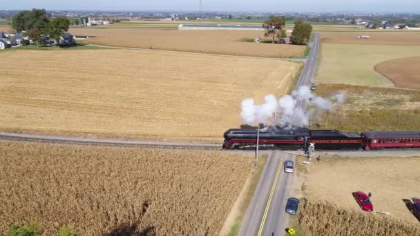 Strasburg Pennsylvania October 2019 Aerial View Steam Train Blowing Smoke — Stock Video