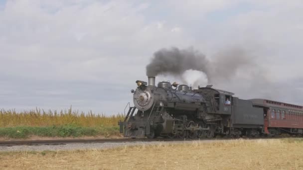 Strasburg Pennsylvania October 2019 Steam Train Passing Blowing Smoke Steam — Stock Video