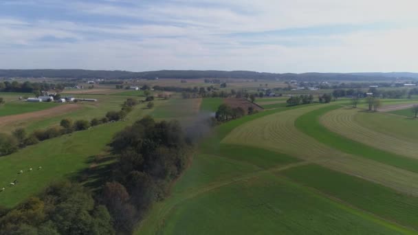 Aerial Head View Antique Restored Steam Locomotive Traveling Countryside Blowing — Stock Video