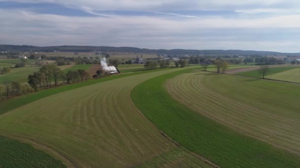 Aerial View Antique Restored Steam Locomotive Traveling Thru Countryside Blowing — Stock Video