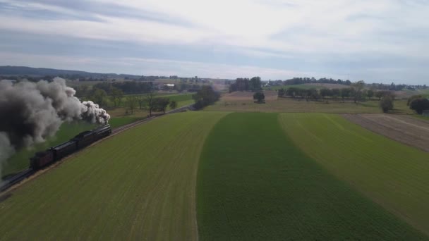 Luchtfoto Van Een Antieke Gerestaureerde Stoomlocomotief Die Door Het Platteland — Stockvideo