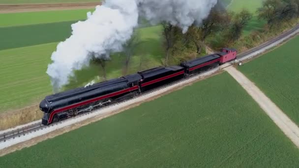 Aerial View Antique Restored Steam Locomotive Traveling Thru Countryside Blowing — Stock Video
