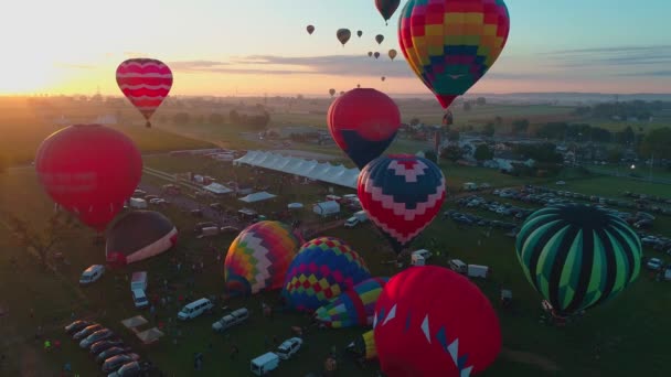 Luchtfoto Van Meerdere Heteluchtballonnen Vroege Ochtend Stijgen Zon Tijdens Een — Stockvideo