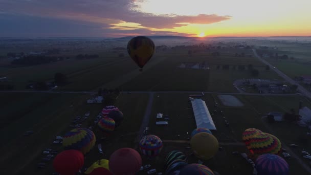 Luchtfoto Van Meerdere Heteluchtballonnen Vroege Ochtend Stijgen Zon Tijdens Een — Stockvideo