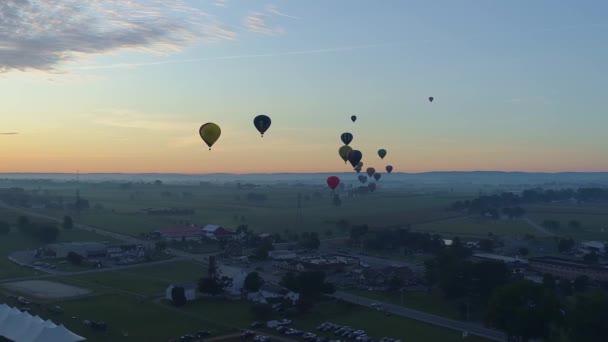 Widok Lotu Ptaka Wiele Balonów Gorącym Powietrzem Wczesnym Rankiem Wystartować — Wideo stockowe