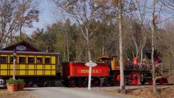 Elizabethtown Pennsylvania 2019 November Oldalsó Nézet Egy Felújított Gőzmozdonyra Személygépkocsikra — Stock videók