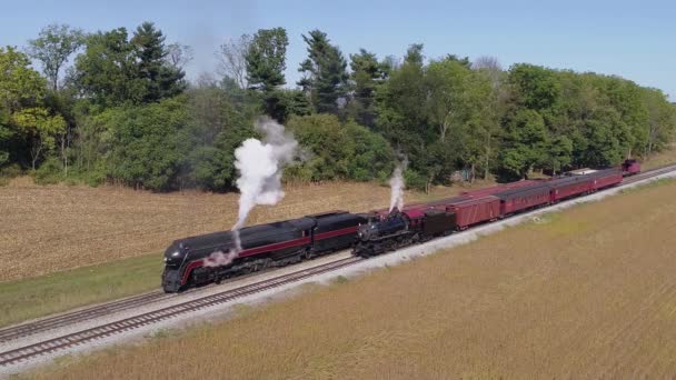 Aerial View Antique Restored Steam Engines Warming Blowing Smoke Freight — Stock Video