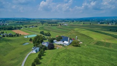 Güneşli bir kırsalda, güzel bir gökyüzünde büyüyen yeşil tarlaların ve yuvarlanan ekinlerin havadan görünüşü.