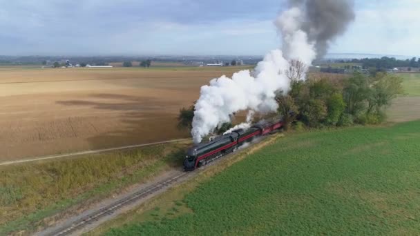 在火车驶过农村之前 空气中已经恢复的蒸汽机车和乘用车呼啸着浓烟和蒸汽 — 图库视频影像