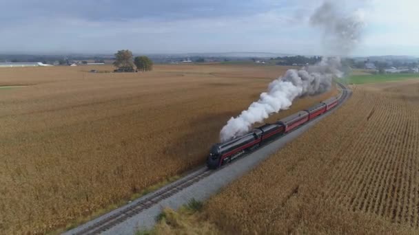 Aerial Restored Steam Locomotive Passenger Cars Traveling Blowing Smoke Steam — Stock Video