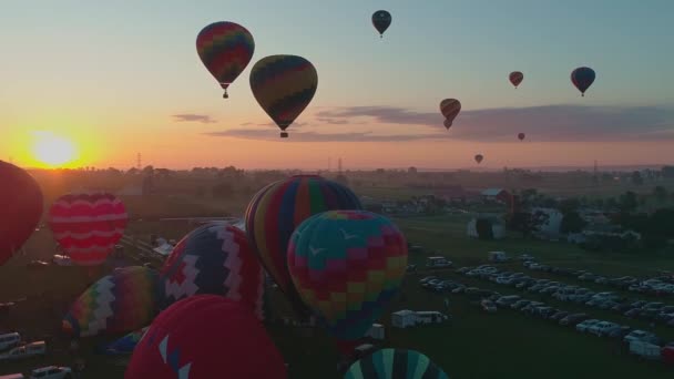 Luftaufnahme Mehrerer Heißluftballons Frühen Morgen Während Eines Festivals Einem Sonnigen — Stockvideo