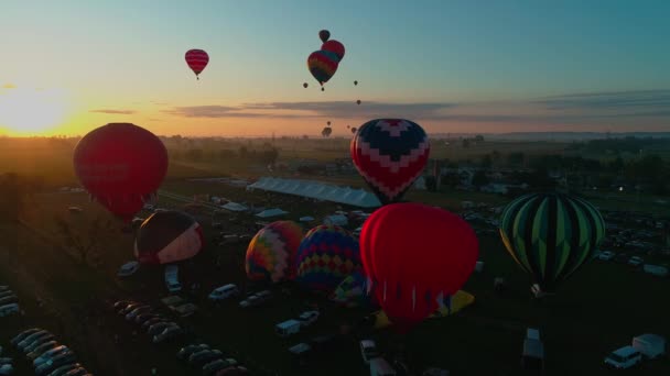 Luchtfoto Van Meerdere Heteluchtballonnen Vroege Ochtend Stijgen Zon Tijdens Een — Stockvideo