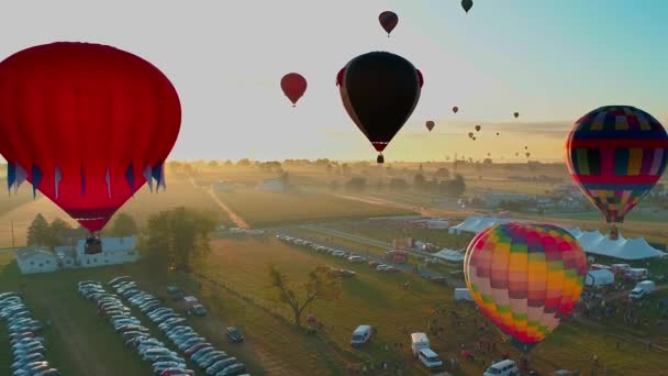 ペンシルベニア州の田舎で晴れた夏の日の祭りの間 早朝に複数の熱気球の空中ビューは太陽に離陸します — ストック動画