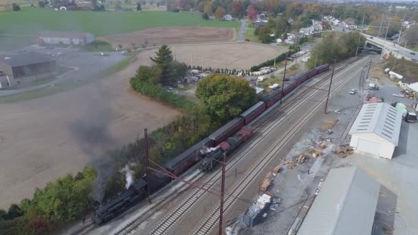 黒煙と蒸気を吹いている2つのアンティーク復元された蒸気機関車が貨物ヤードを通って移動し 1つは葉と木を通って移動します — ストック動画