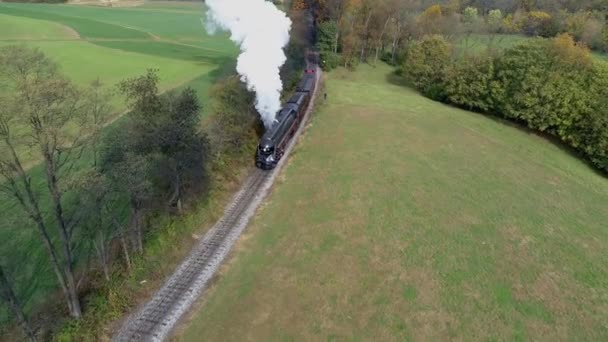 Vue Aérienne Une Ancienne Locomotive Vapeur Restaurée Voyageant Travers Campagne — Video