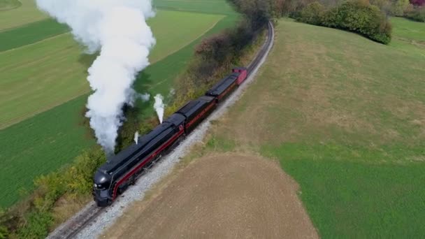 Straßburg Pennsylvania Oktober 2019 Luftaufnahme Von Drei Antiken Restaurierten Dampflokomotiven — Stockvideo