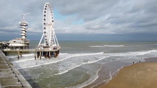 Spiaggia Mare Una Ruota Panoramica Gigante Aia Paesi Bassi Ottobre — Video Stock
