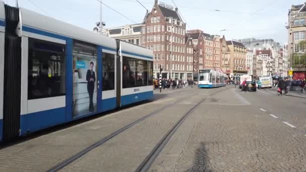 Két Villamos Halad Amszterdamban Hollandiában Dam Square Mentén 2019 Október — Stock videók