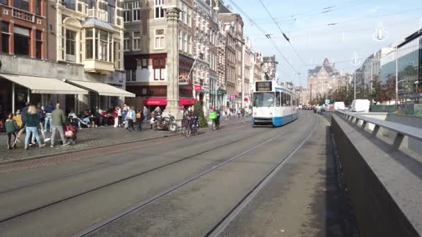 Tram Guida Attraverso Una Strada Commerciale Trafficata Amsterdam Paesi Bassi — Video Stock