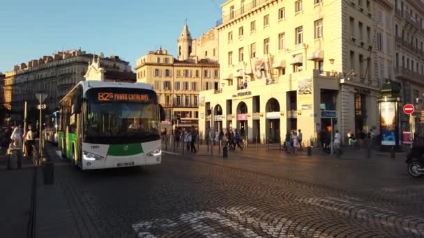 Traffic Busses Moves Quai Des Belges Historical Buildings Marseille France — Stock Video