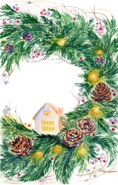 Akvarel vánoční věnec — Stock fotografie