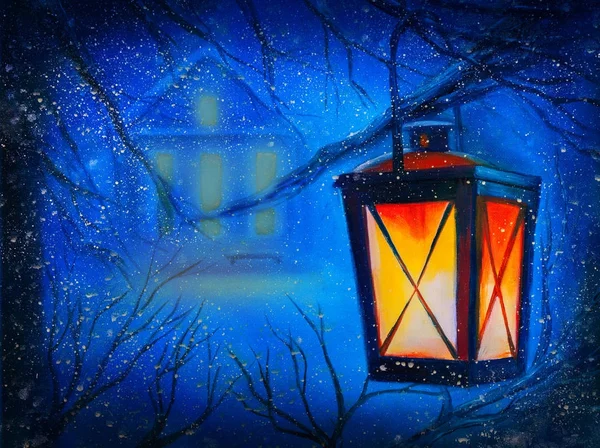 Noche de invierno con casa y linterna —  Fotos de Stock