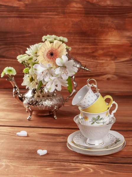 Stack Vintage Tea Cups Wooden Background — Stock Photo, Image