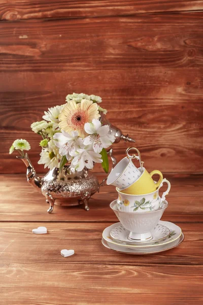 Stack Vintage Tea Cups Wooden Background — Stock Photo, Image