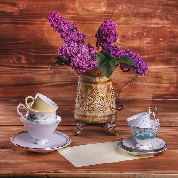 Lilac Vintage Vase Old Wooden Background — Stock Photo, Image